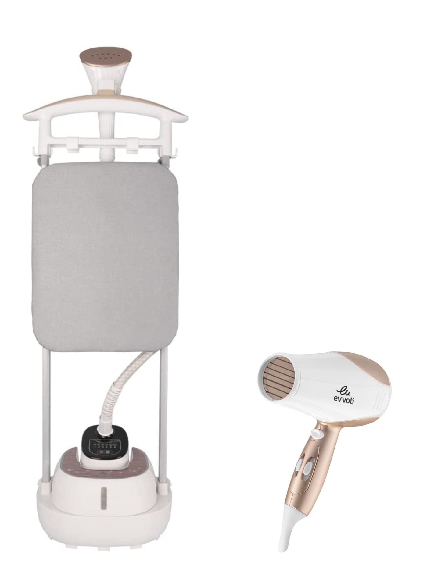 Evvoli Garment Steamer 2000w Stainless Steel Soleplate And 6 Steam Level And Hair Dryer 2200w Ionic Cool Shot Bundle 2 L 2200 W Evir Gs2000g Evhc Hd2200w White