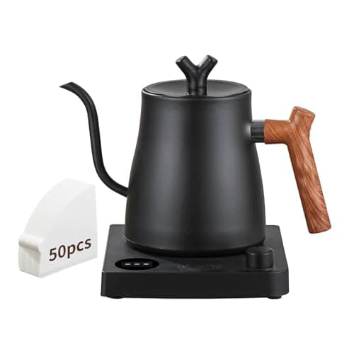 Smart Electric Gooseneck Kettle, 40-100℃ Adjustable Temp Control, 36Hour Heat Retention, Coffee Kettle, 1000W Fast Boil 1L, Anti-Dry, 50 Coffee Filters Gift, Black Wood Handle